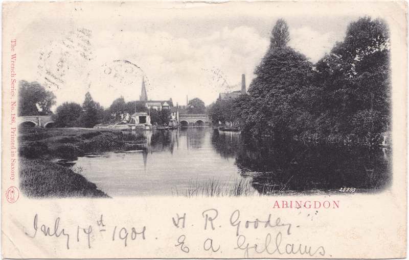 The front of an old postcard. The postcard is of Abingdon: The Bridge