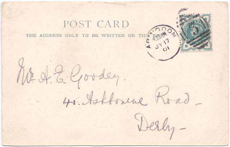 The reverse of an old postcard. The postcard is of Abingdon: The Bridge