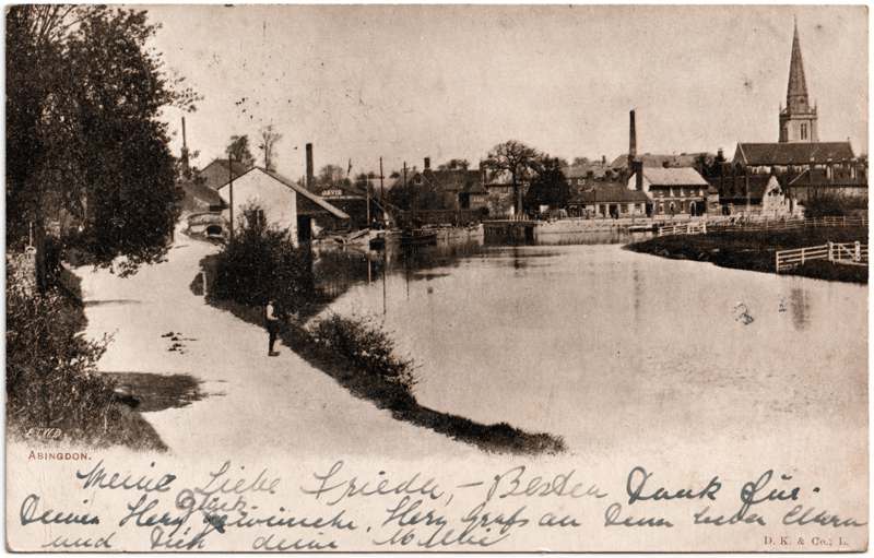 The front of an old postcard. The postcard is of Abingdon: St. Helen's Wharf