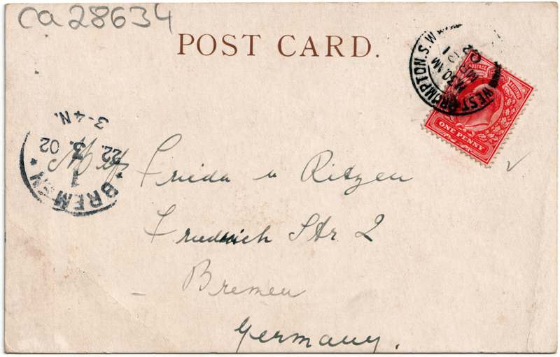 The reverse of an old postcard. The postcard is of Abingdon: St. Helen's Wharf