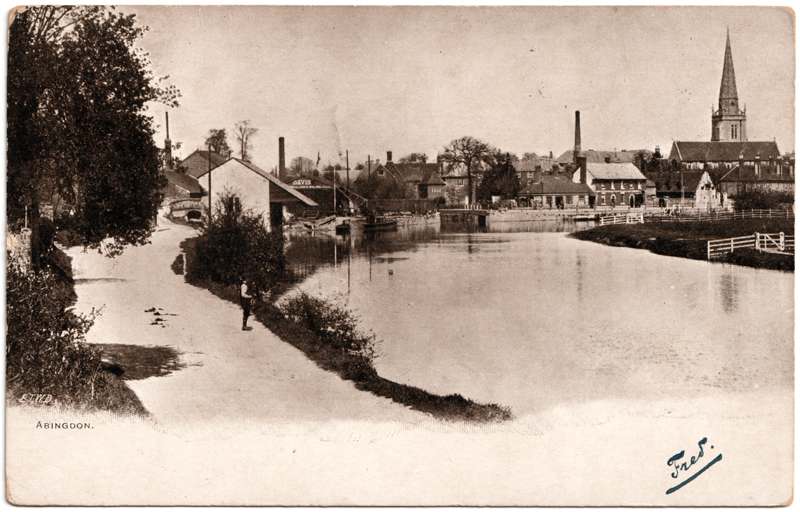 The front of an old postcard. The postcard is of Abingdon: St. Helen's Wharf