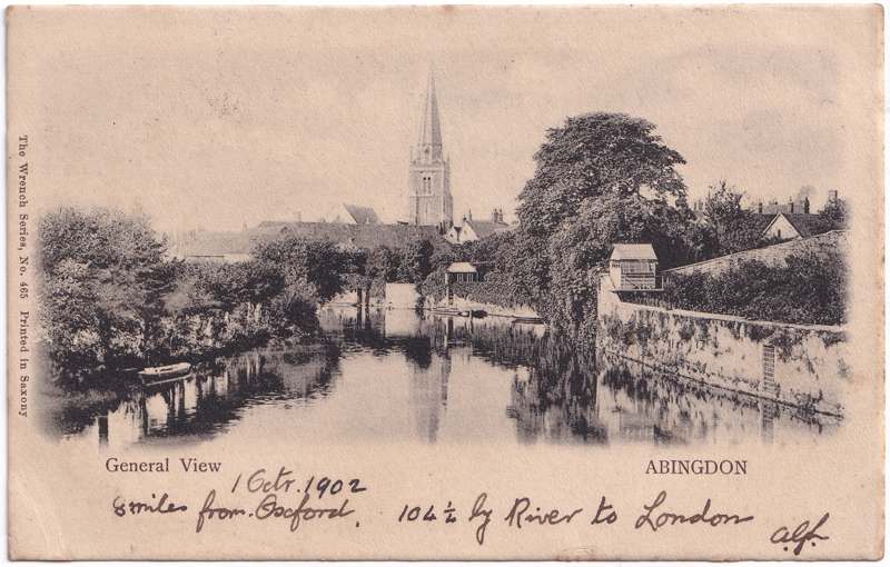 The front of an old postcard. The postcard is of Abingdon: St. Helen's from the Bridge