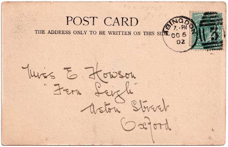 The reverse of an old postcard. The postcard is of Abingdon: Marketplace