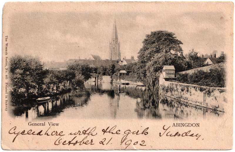 The front of an old postcard. The postcard is of Abingdon: St. Helen's from the Bridge