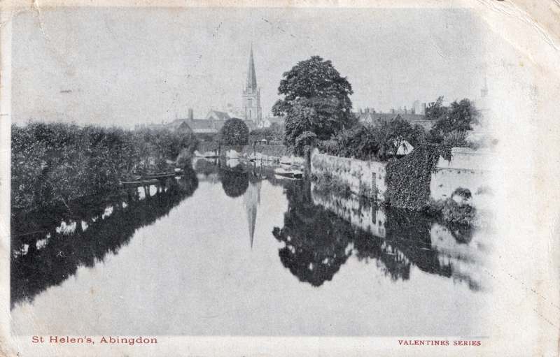 The front of an old postcard. The postcard is of Abingdon: St. Helen's from the Bridge
