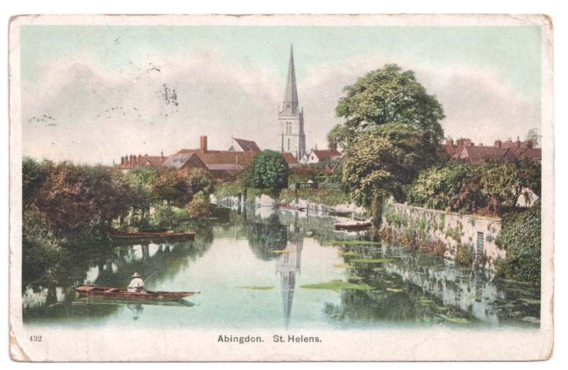 The front of an old postcard. The postcard is of Abingdon: St. Helen's from the Bridge