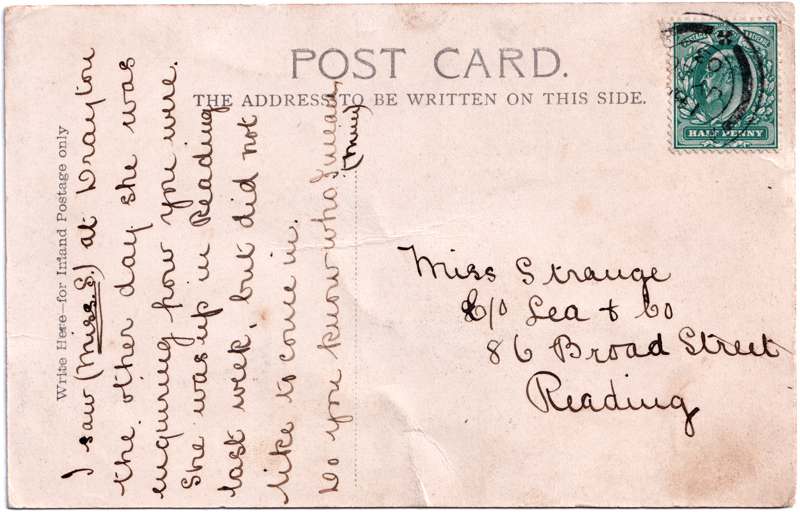 The reverse of an old postcard. The postcard is of Abingdon: The Bridge
