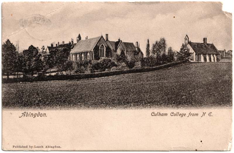 The front of an old postcard. The postcard is of Abingdon: Schools