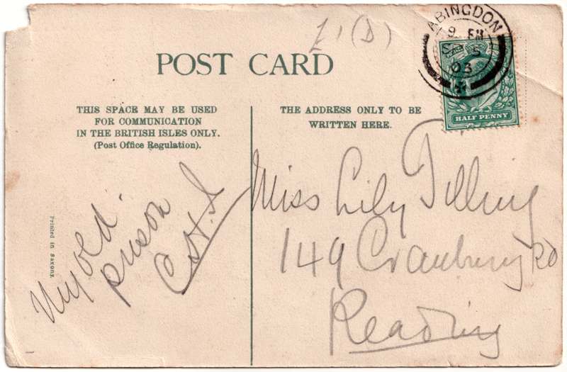The reverse of an old postcard. The postcard is of Abingdon: Schools