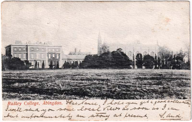 The front of an old postcard. The postcard is of Abingdon: Radley College