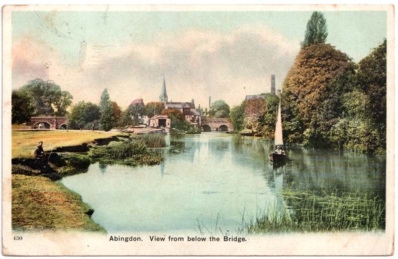 The front of an old postcard. The postcard is of Abingdon: The Bridge