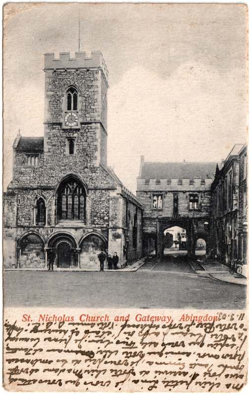 The front of an old postcard. The postcard is of Abingdon: Abbey Gateway