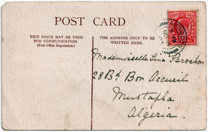 The reverse of an old postcard. The postcard is of Abingdon: Abbey Gateway