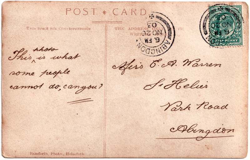 The reverse of an old postcard. The postcard is of Abingdon: Albert Park and Abingdon School
