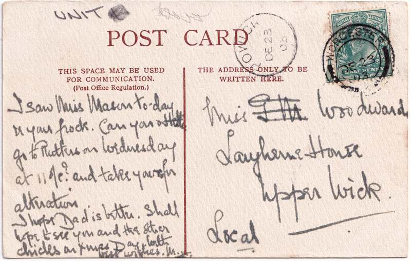 The reverse of an old postcard. The postcard is of Abingdon: Abbey Gateway