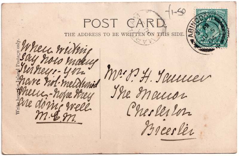 The reverse of an old postcard. The postcard is of Abingdon: Other local interest