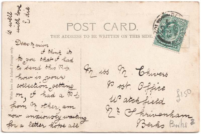 The reverse of an old postcard. The postcard is of Abingdon: Albert Park and Abingdon School