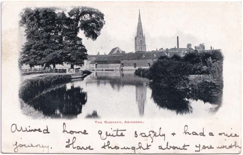 The front of an old postcard. The postcard is of Abingdon: St. Helen's from the Bridge