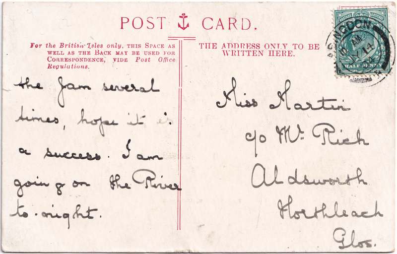 The reverse of an old postcard. The postcard is of Abingdon: St. Helen's from the Bridge