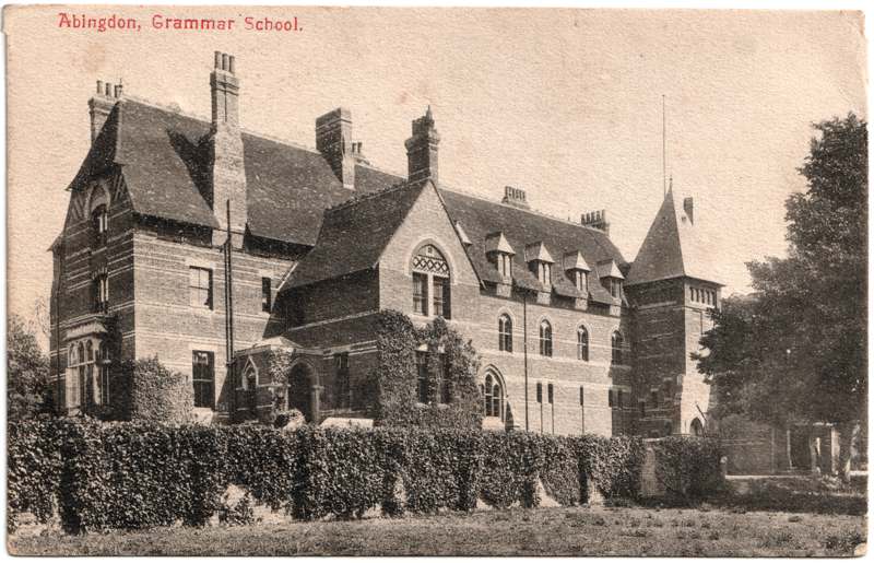 The front of an old postcard. The postcard is of Abingdon: Schools