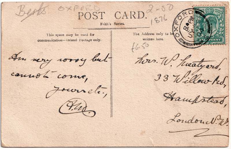 The reverse of an old postcard. The postcard is of Abingdon: Schools