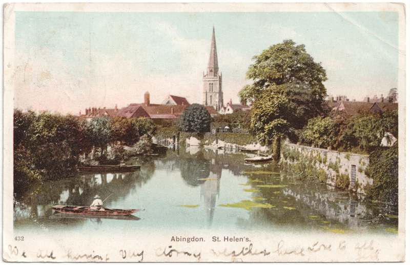 The front of an old postcard. The postcard is of Abingdon: St. Helen's from the Bridge