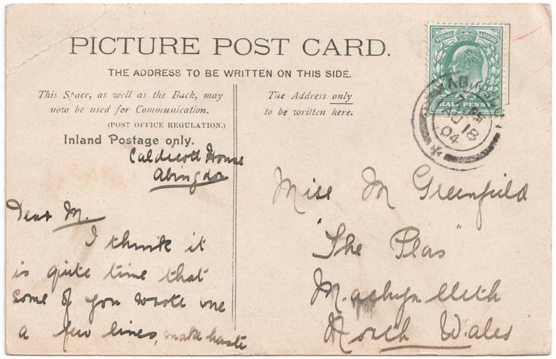 The reverse of an old postcard. The postcard is of Abingdon: St. Helen's from the Bridge