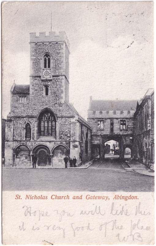 The front of an old postcard. The postcard is of Abingdon: Abbey Gateway
