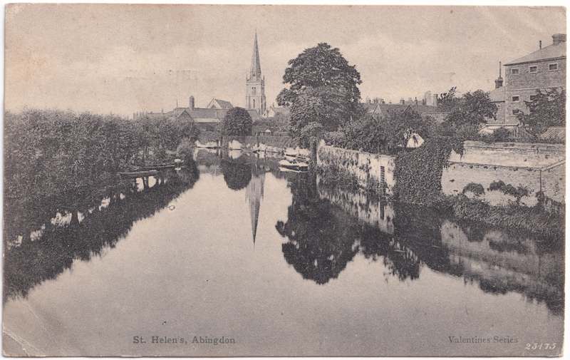 The front of an old postcard. The postcard is of Abingdon: St. Helen's from the Bridge