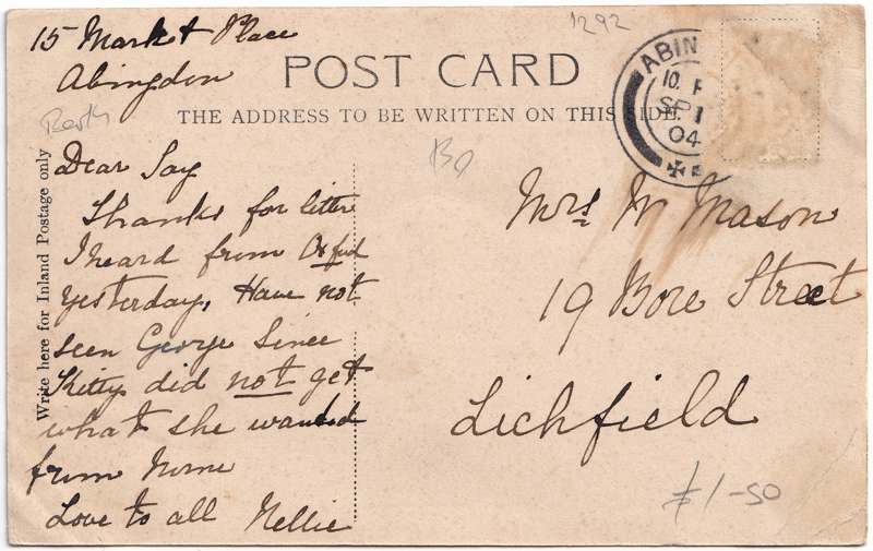 The reverse of an old postcard. The postcard is of Abingdon: St. Helen's from the Bridge