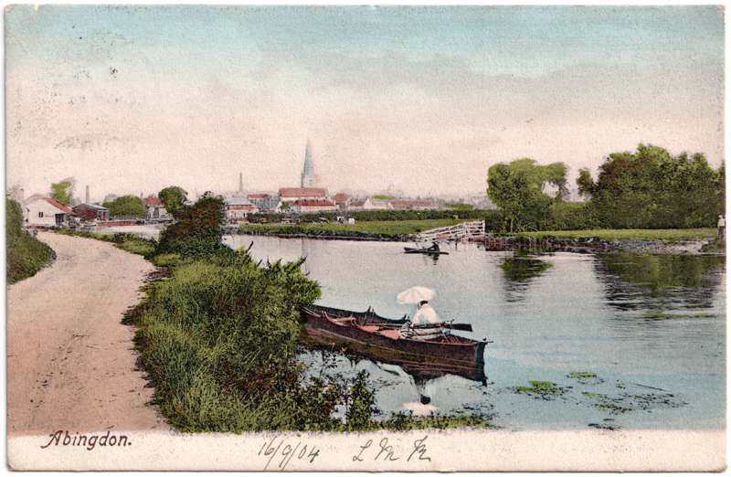 The front of an old postcard. The postcard is of Abingdon: St. Helen's Wharf