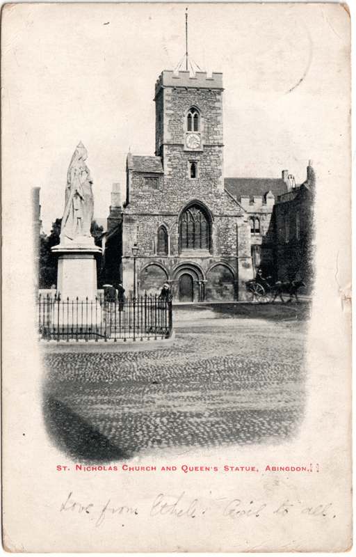 The front of an old postcard. The postcard is of Abingdon: Abbey Gateway