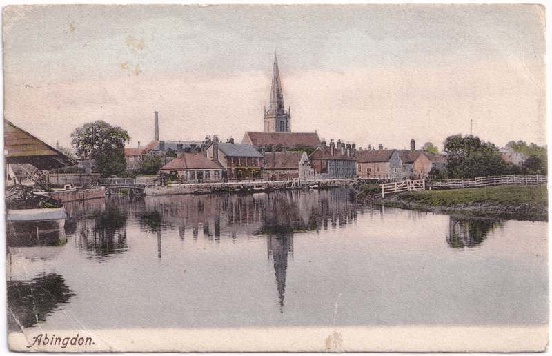The front of an old postcard. The postcard is of Abingdon: St. Helen's Wharf
