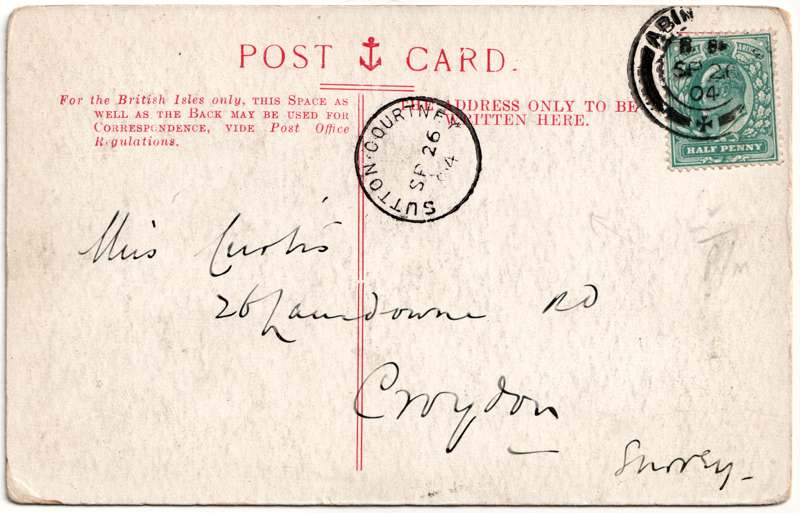 The reverse of an old postcard. The postcard is of Abingdon: Marketplace