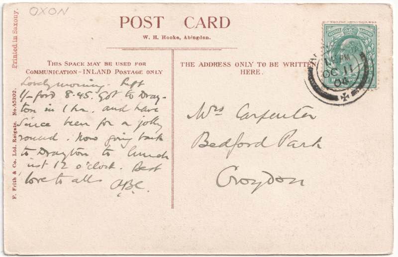 The reverse of an old postcard. The postcard is of Abingdon: The Bridge