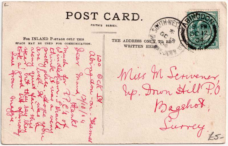 The reverse of an old postcard. The postcard is of Abingdon: Other local interest