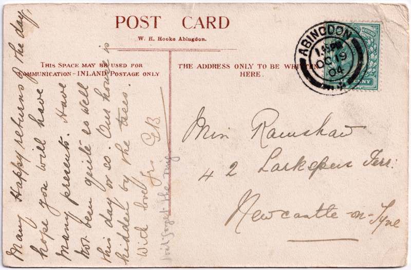 The reverse of an old postcard. The postcard is of Abingdon: Albert Park and Abingdon School