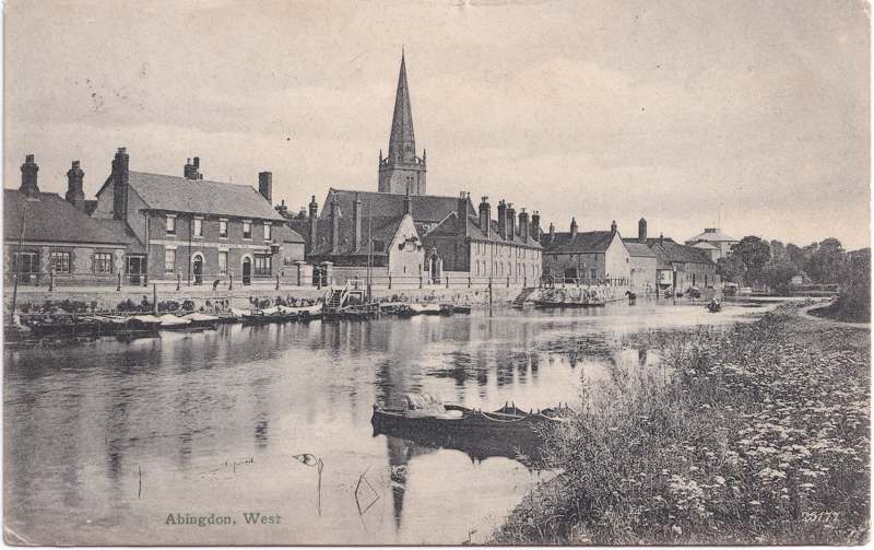 The front of an old postcard. The postcard is of Abingdon: St. Helen's Wharf