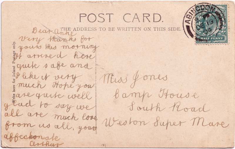 The reverse of an old postcard. The postcard is of Abingdon: St. Helen's Wharf