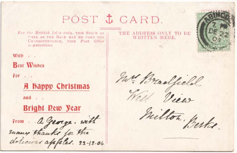 The reverse of an old postcard. The postcard is of Abingdon: Town Centre Streets