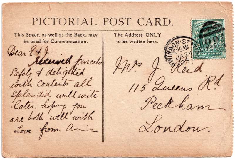 The reverse of an old postcard. The postcard is of Abingdon: Almshouses
