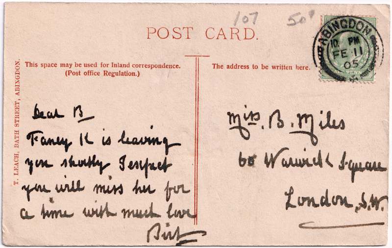 The reverse of an old postcard. The postcard is of Abingdon: Other Streets