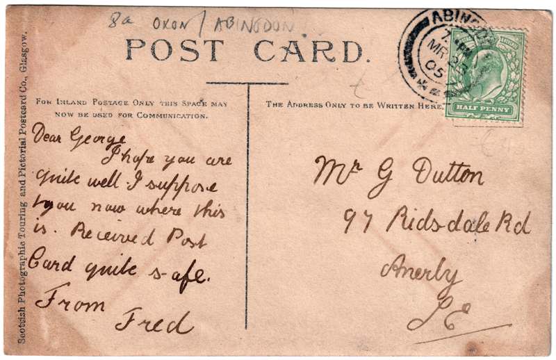 The reverse of an old postcard. The postcard is of Abingdon: Marketplace