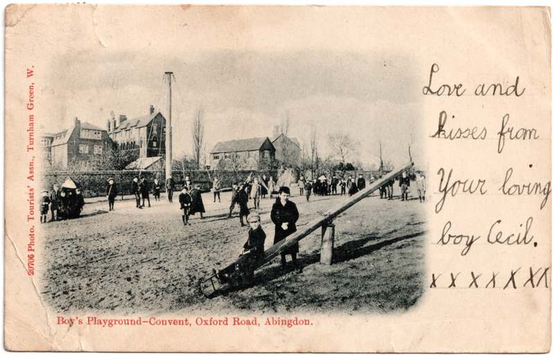 The front of an old postcard. The postcard is of Abingdon: Other local interest