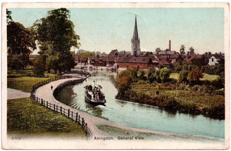 The front of an old postcard. The postcard is of Abingdon: St. Helen's from the Bridge