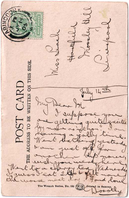 The reverse of an old postcard. The postcard is of Abingdon: The Bridge