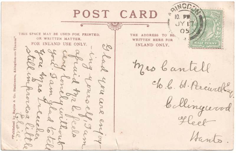 The reverse of an old postcard. The postcard is of Abingdon: The Bridge