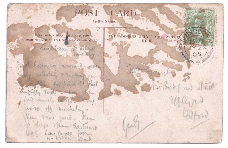 The reverse of an old postcard. The postcard is of Abingdon: Marketplace