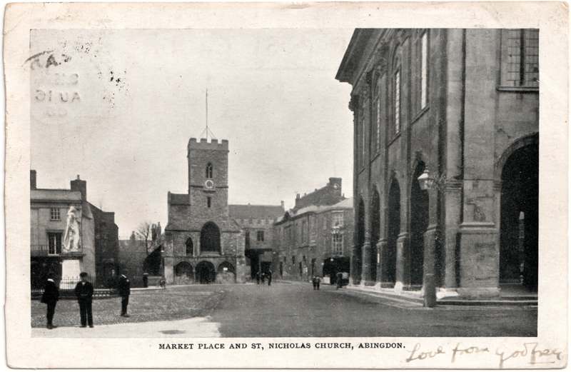 The front of an old postcard. The postcard is of Abingdon: Marketplace