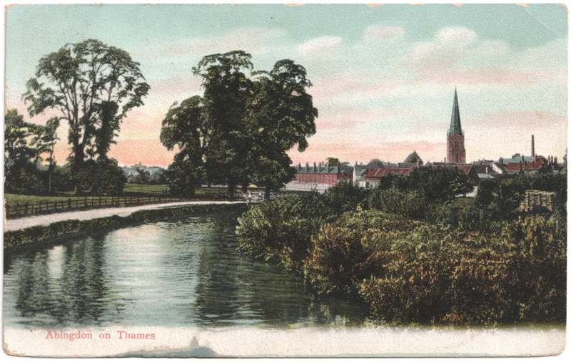 The front of an old postcard. The postcard is of Abingdon: St. Helen's from the Bridge